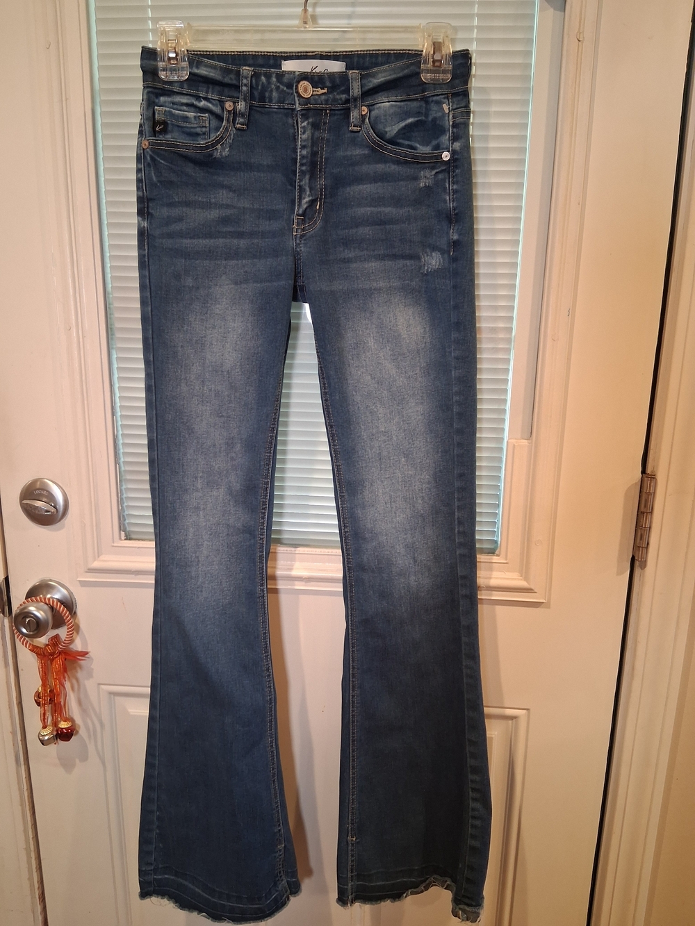 sku52KanCan Women's Mid-Rise Blue Flared Jeans Stretch Denim Raw Frayed Hem